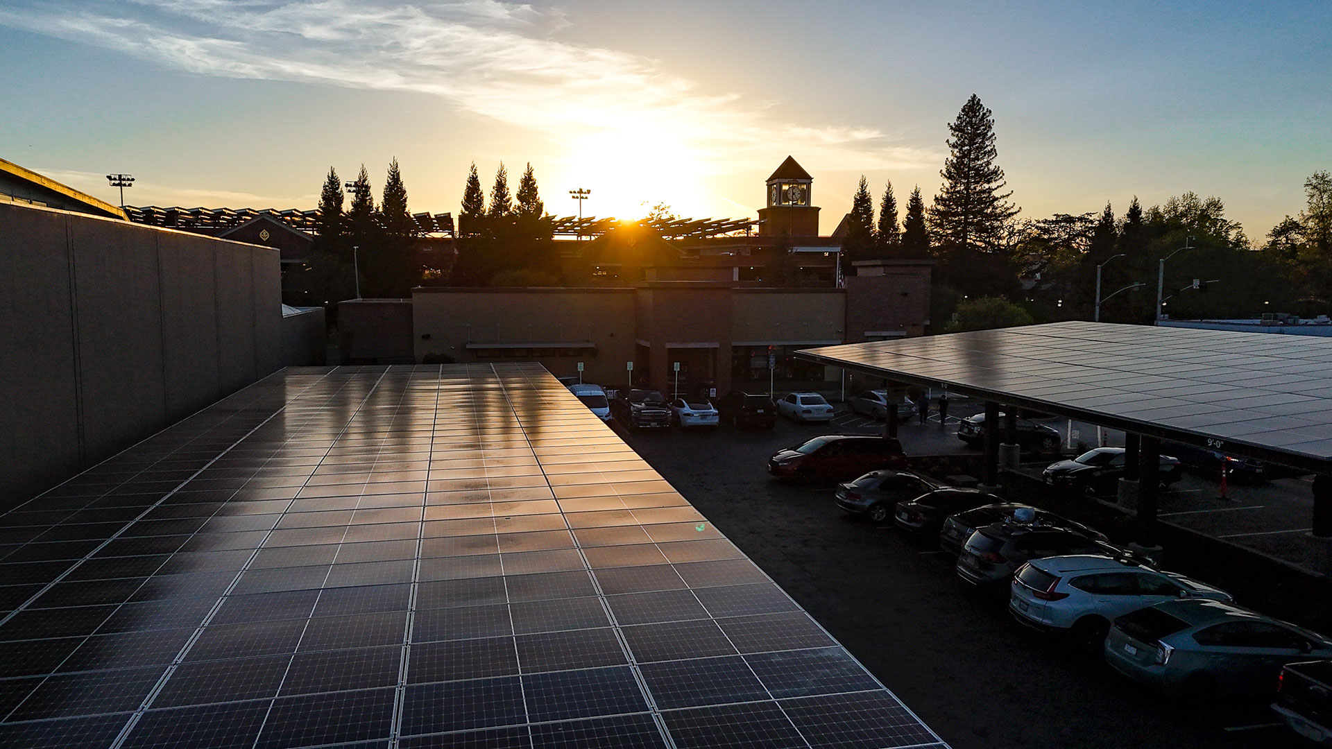 Solar panels with sunrise