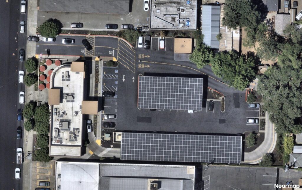 Solar canopies in parking lot aerial view